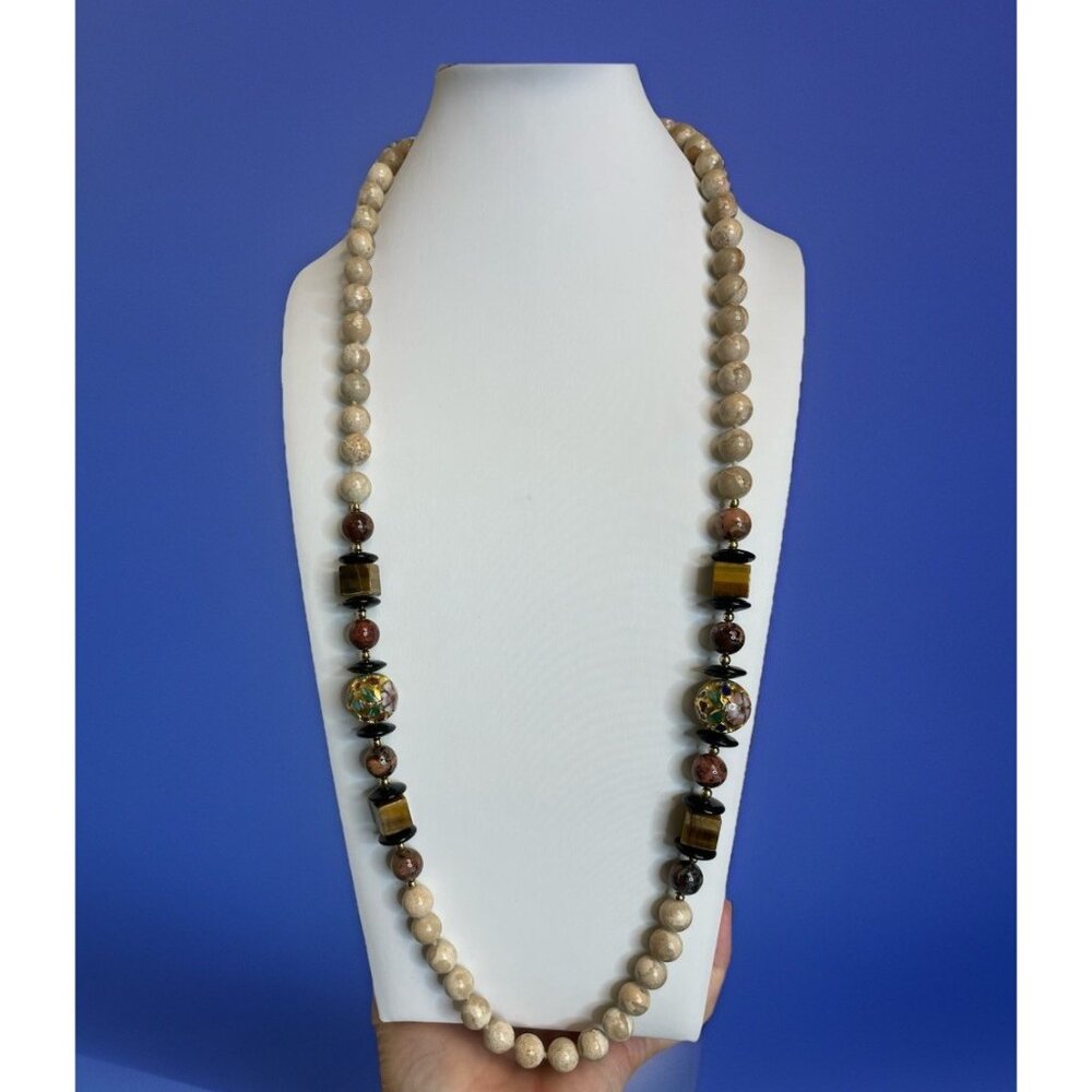 Gorgeous Vintage Cloisonne Tigers Eye And Other Stones Beaded Necklace Knotted